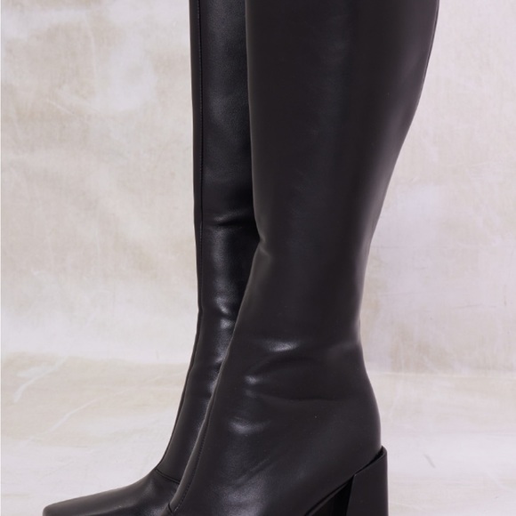 Black PU Square Toe Knee High Boots - Picture 5 of 8